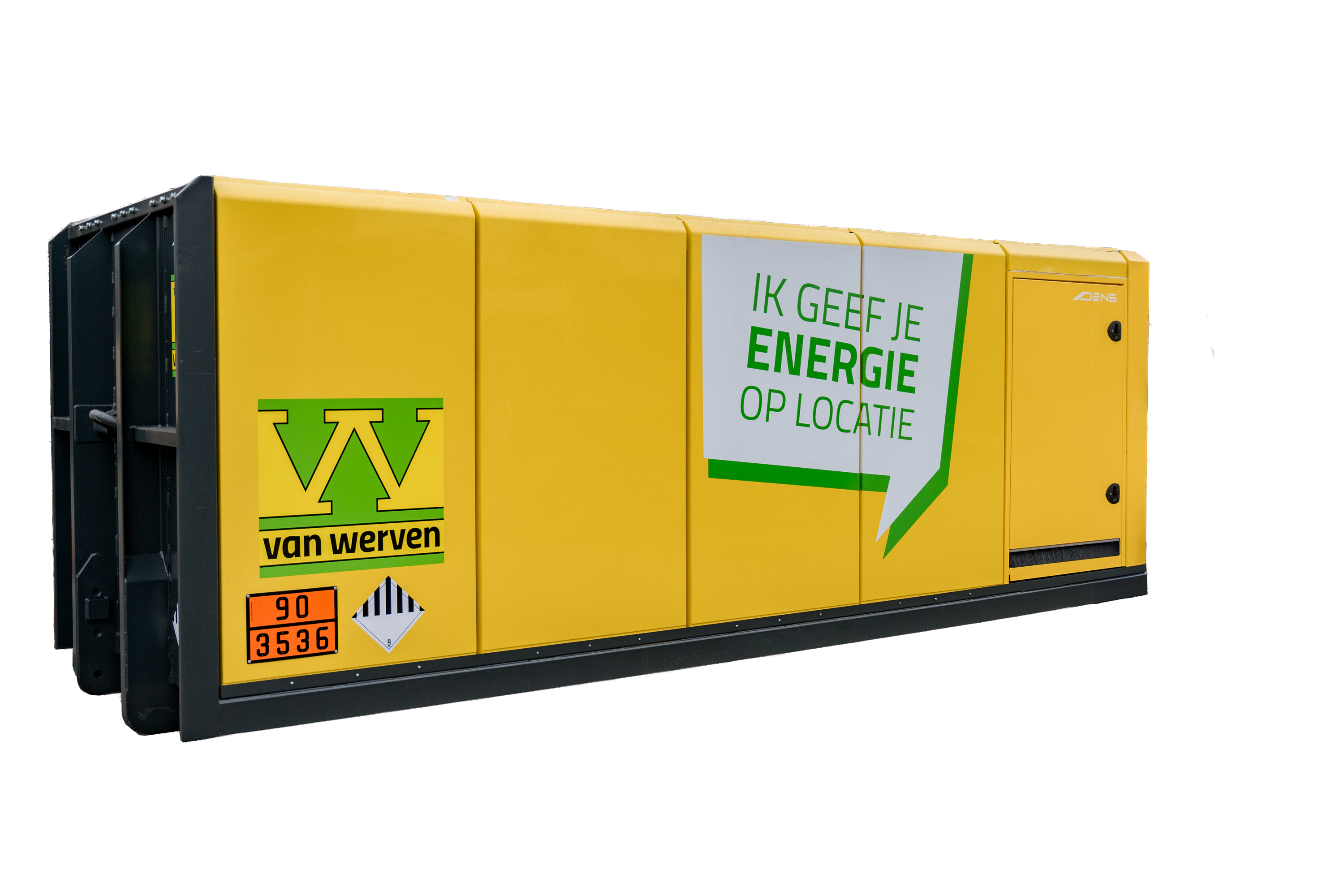 De Powerhub: een gele Van Werven-container met de tekst “Ik geef je energie op locatie”, uitgeknipt op een witte achtergrond.