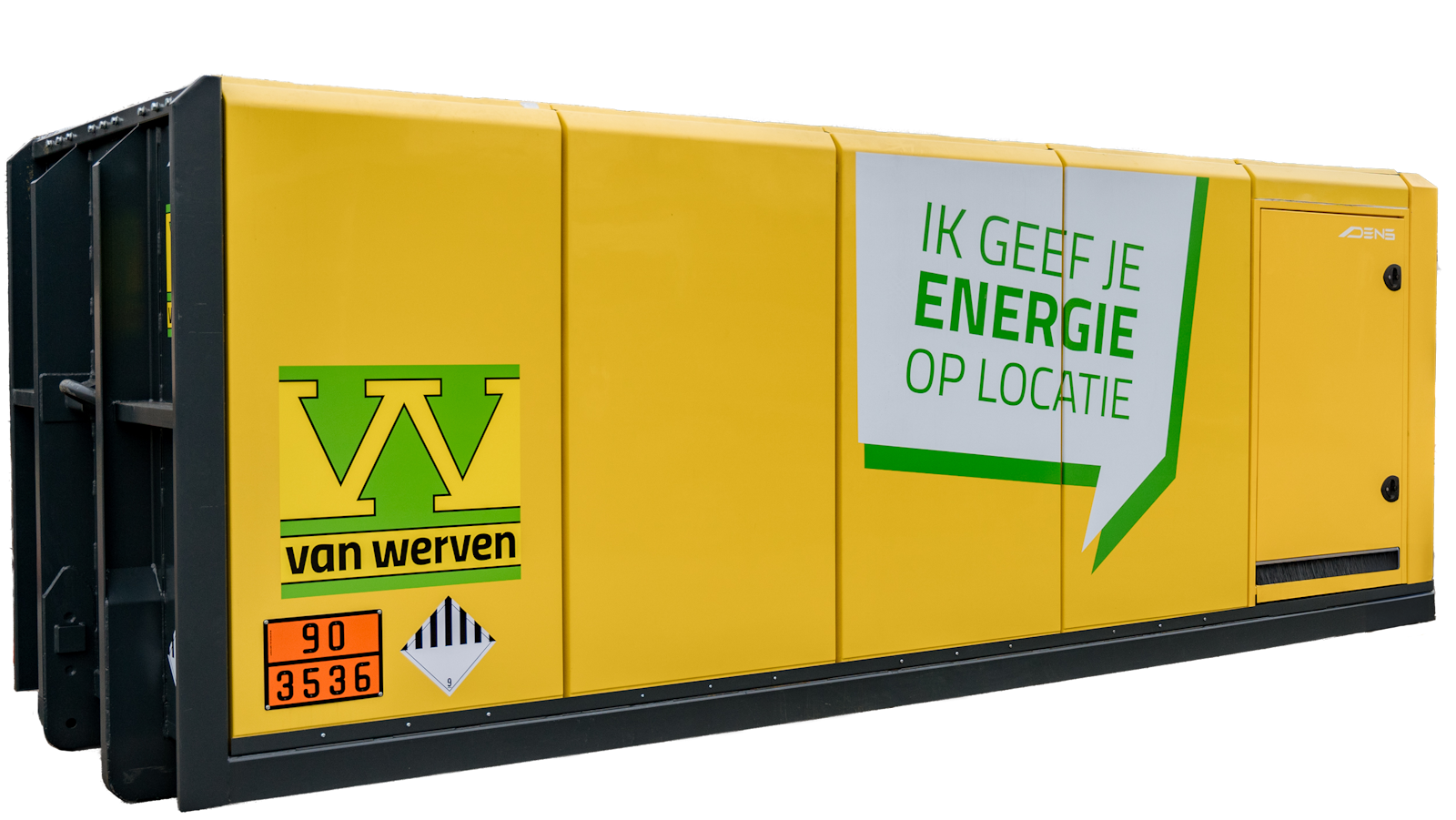 De Powerhub: een gele Van Werven-container met de tekst “Ik geef je energie op locatie”, uitgeknipt op een witte achtergrond.